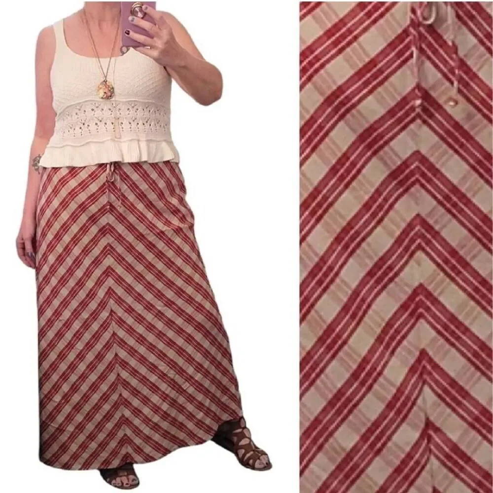 VTG 70s Red Tan Chevron Plaid Prairie Maxi Skirt SZ 10 Flax Blend High Waist